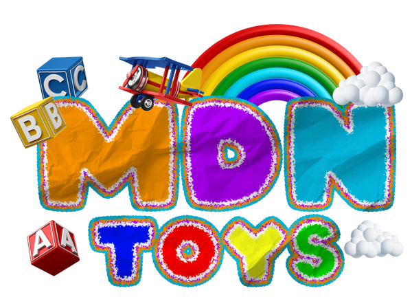 Colorful toy-themed text with rainbow, blocks, and airplane on a white background